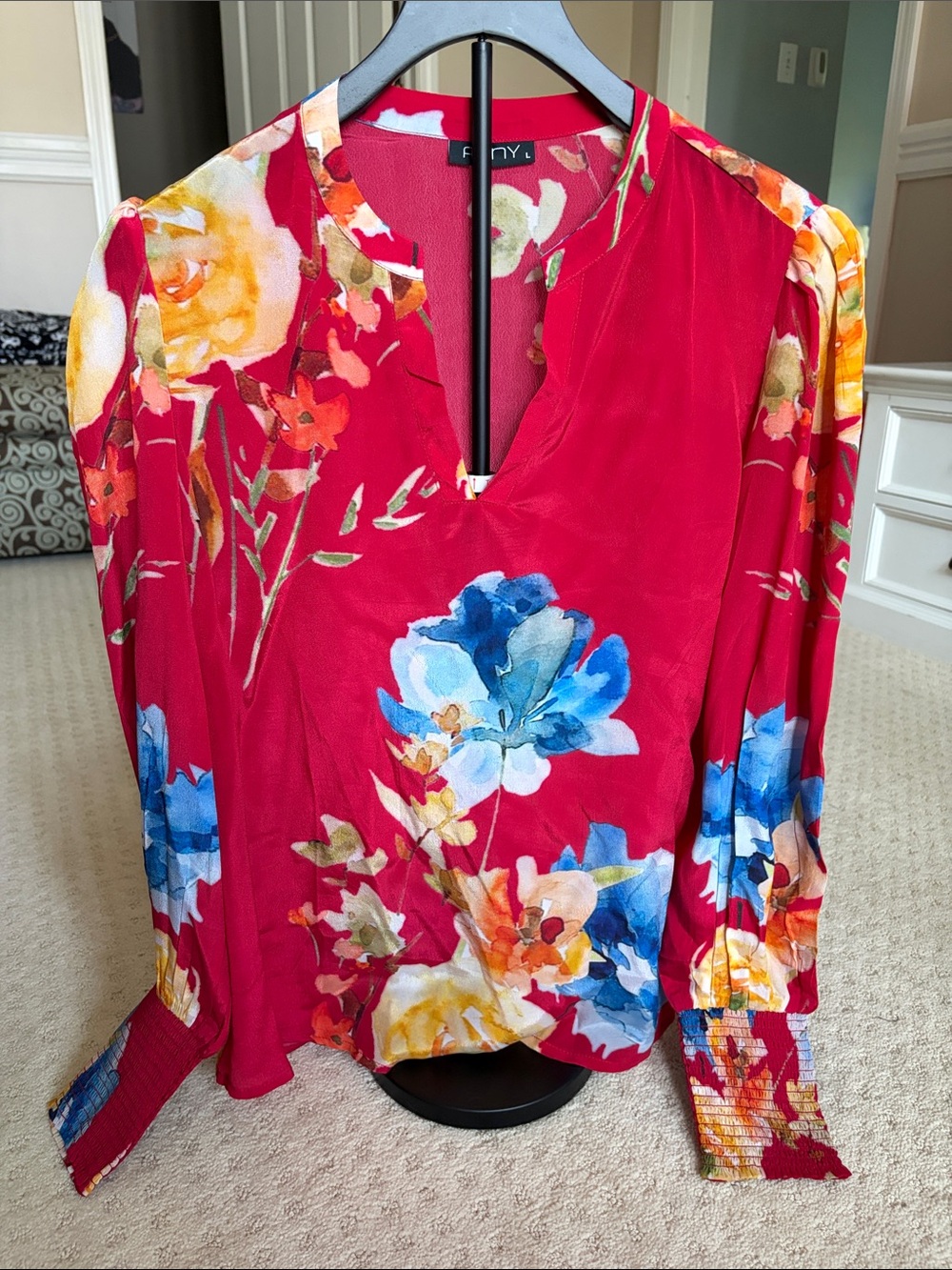 APNY Bright Red Floral V-Neck Long Sleeve Blouse